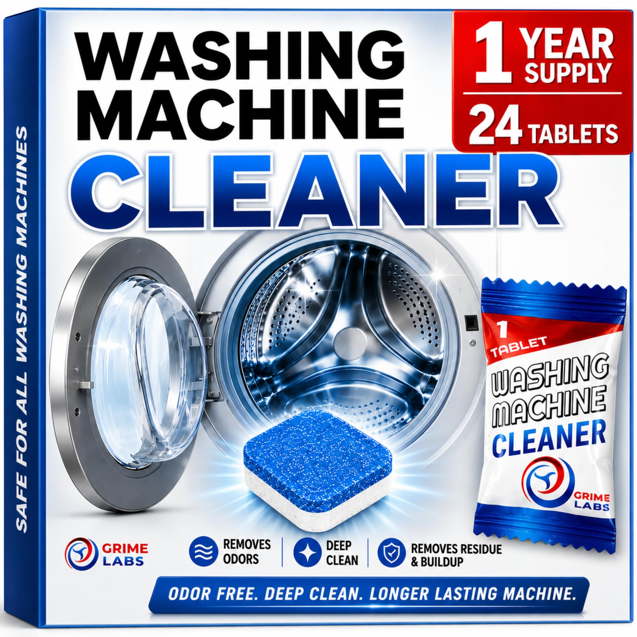 GRIME LABS Washing Machine Cleaner Tablets - Penetrating Deep Clean Washer Cleaner Tablets For Front Loader And Top Load HE - Active Formula Tub Descaler Deodorizer
