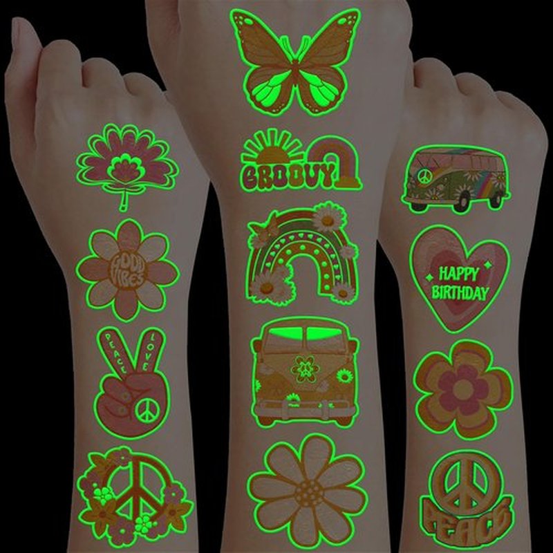 96 PCS Two Groovy Retro 60s 70s Pre-Cut Luminous Glow in the dark Temporary Tattoos for Kids | Super Cute Themed Birthday Party Favors, Supplies, Decorations, Fake Tattoo Stickers Gifts for Boys Girls