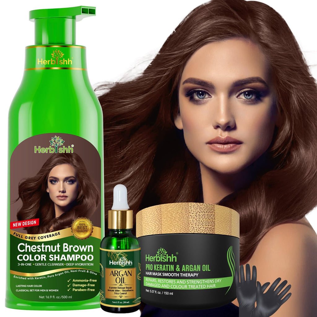 Herbishh After Color Shampoo Combo, 1 Hair Color Shampoo Hair Dye 500ml Argan Oil + 30ml Pro Keratin + 150 ml Argan Hair Mask, Hair Straightening, Shine And Protection, Men And Women (Chestnut Brown)