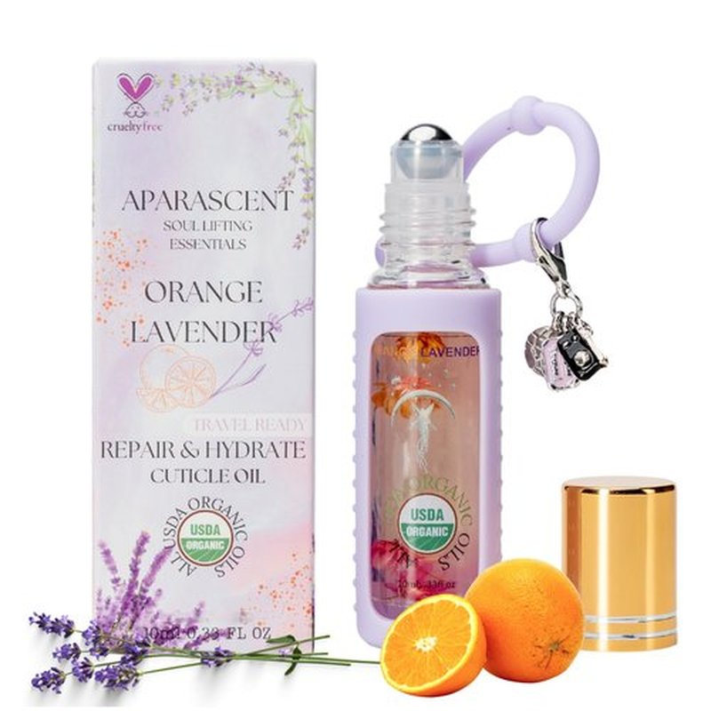 APARASCENT Orange Lavender Organic Nail Cuticle Oil Roll On with Jojoba, Coconut MCT, and Rosehip for Nail Hydration, Growth & Strength, Travel Size Keychain(0.34 Fl Oz)