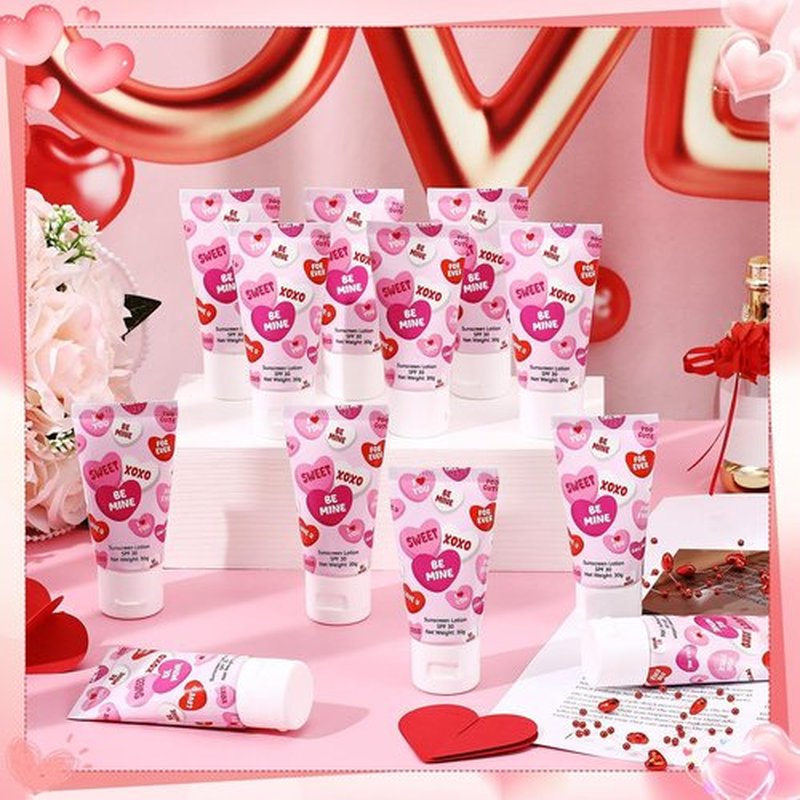 Dansib 12 Pcs Mini Sunscreen Bulk for Summer Travel Size Spf 30 Water Resistant Sunscreen Lotion Bulk for Thank You Gifts Hawaiian Wedding Bridal Party Favors for Pool Wedding(Valentine)