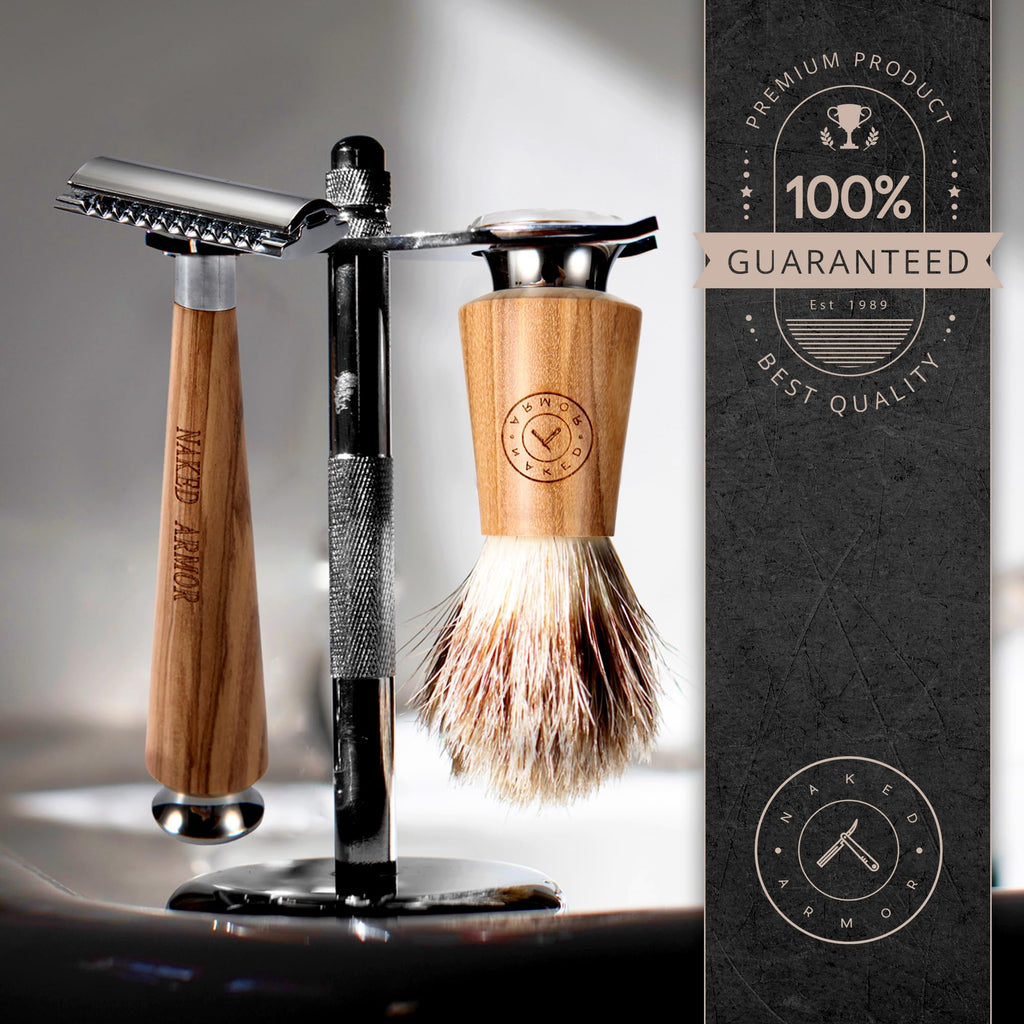 Complete Safety Razor Kit - Includes Olive Wood Safety Razor, Closed Comb Double Edge Razor, Safety Razor Stand, Olive Wood Shaving Brush, Organic Soap, Shaving Bowl, Shaving Kit For Men, Great Gift