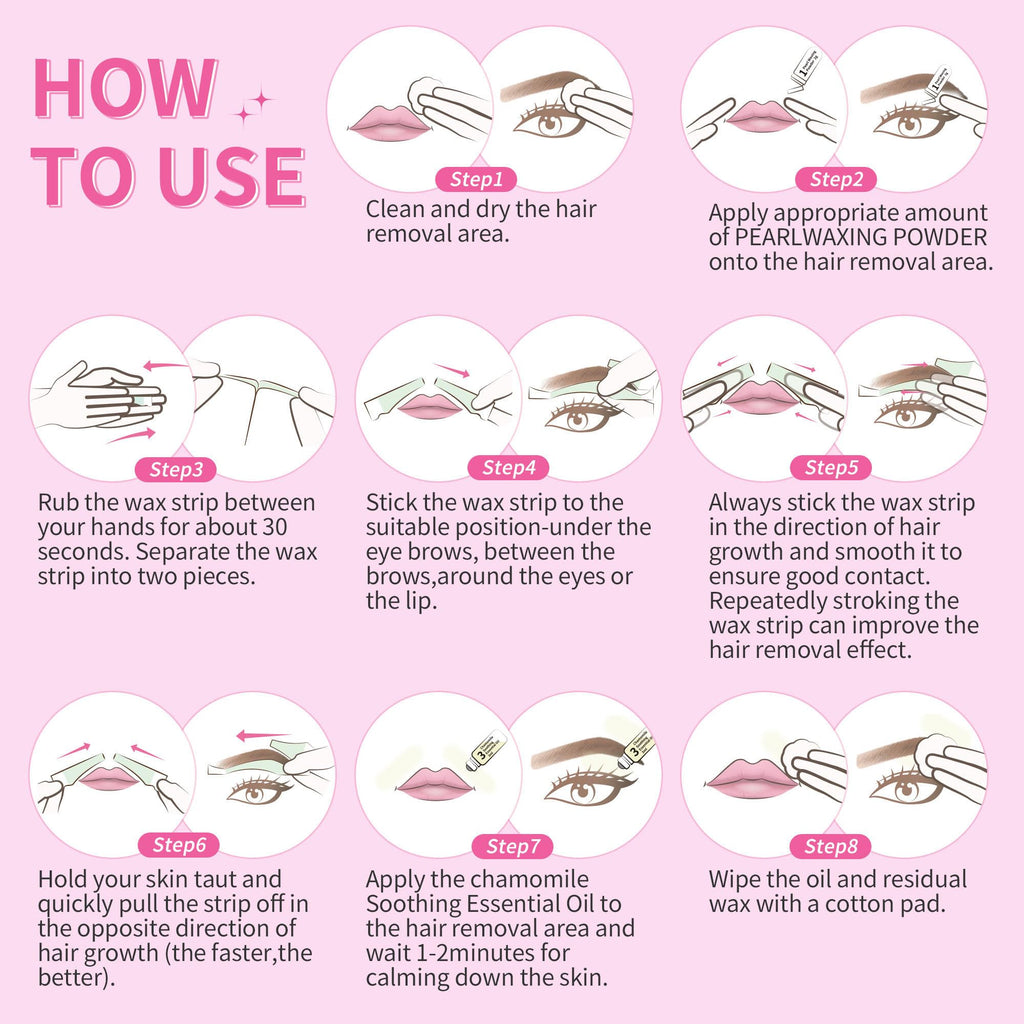 Beauty7 Pre-Cut Facial Wax Strips for Women, Large Packs 60 Strips, Eyebrow and Lip Hair Removal with Pearl Powder and Essential Oil, for All Skin Types