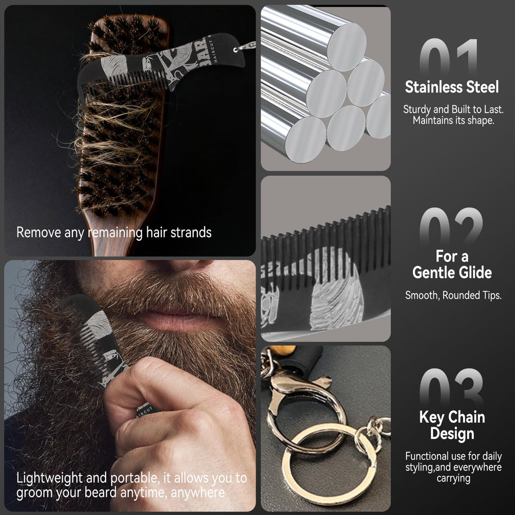 MenGate Boar Bristle Beard Brush for Men - Wooden Beard Brush and Slick Back Hair Brush with Metal Comb Keychain, Perfect for Home and Travel Use - Regular