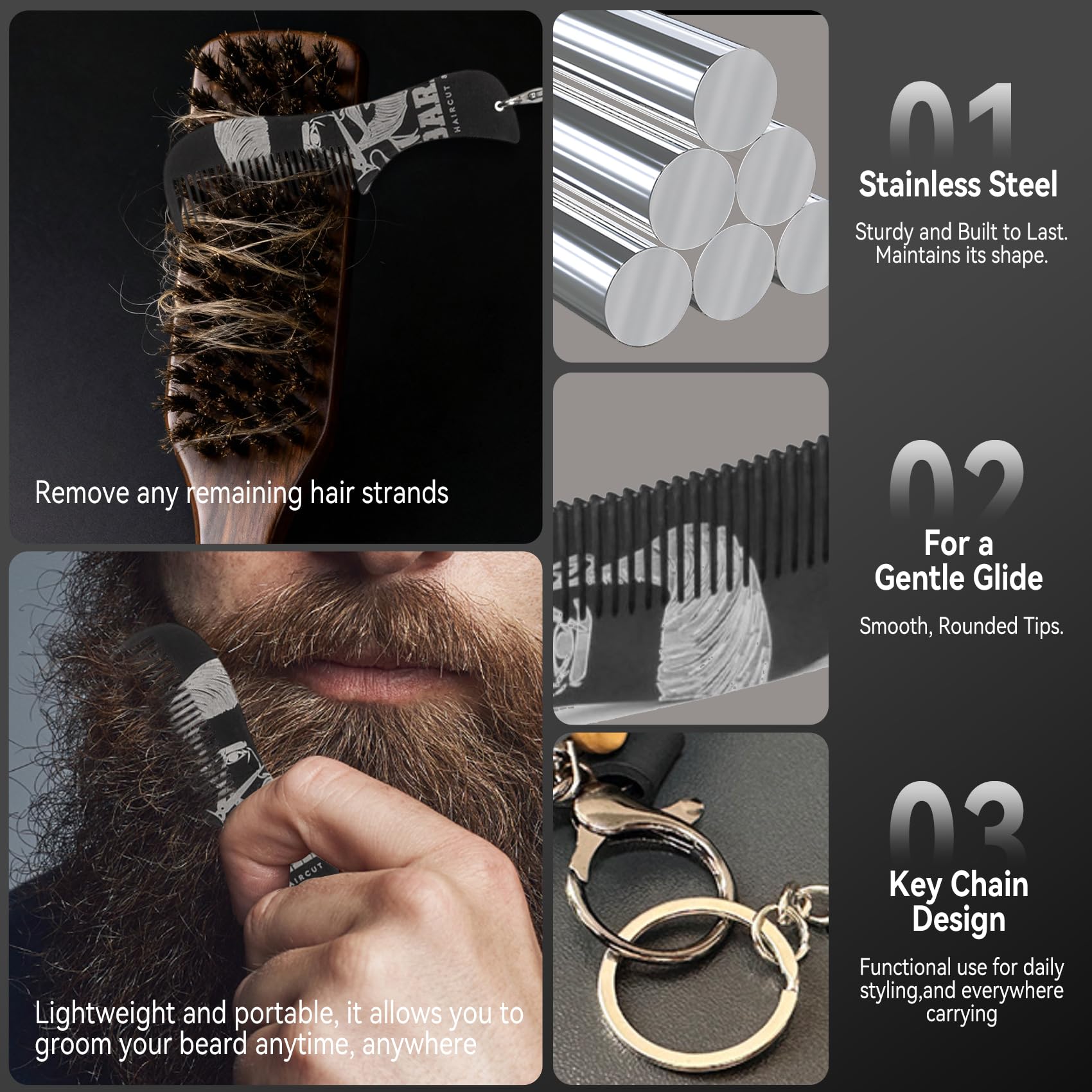 MenGate Boar Bristle Beard Brush for Men - Wooden Beard Brush and Slick Back Hair Brush with Metal Comb Keychain, Perfect for Home and Travel Use - Regular