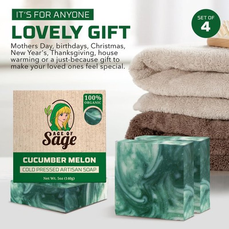 Age of Sage Natural Bar Soap for Men - Vegan Bath Soap Bars Gift Set - Handmade Cold Process Artisan Soap w/Essential Oil, All Moisturizing Wash Soaps, Fragrant Cucumber Melon Scent (4 Pack)