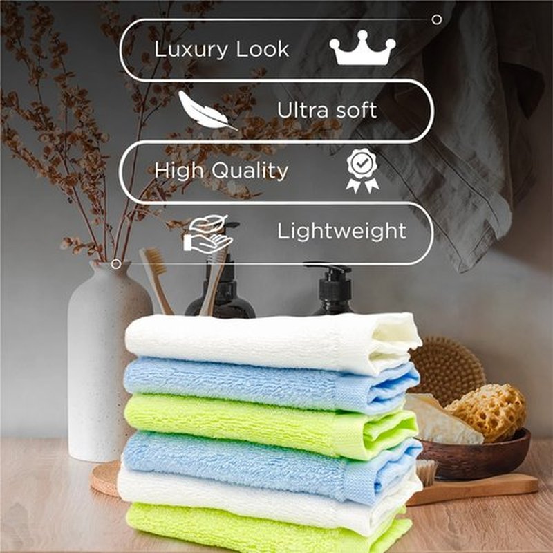 Ellie Cove Luxury Facial Washcloths, Made from 100 Percent Rayon Bamboo, Makeup Remover, Reusable Absorbent, Gentle for Delicate Sensitive Skin, Set of 6, 10"X10" (White-Green-Blue)
