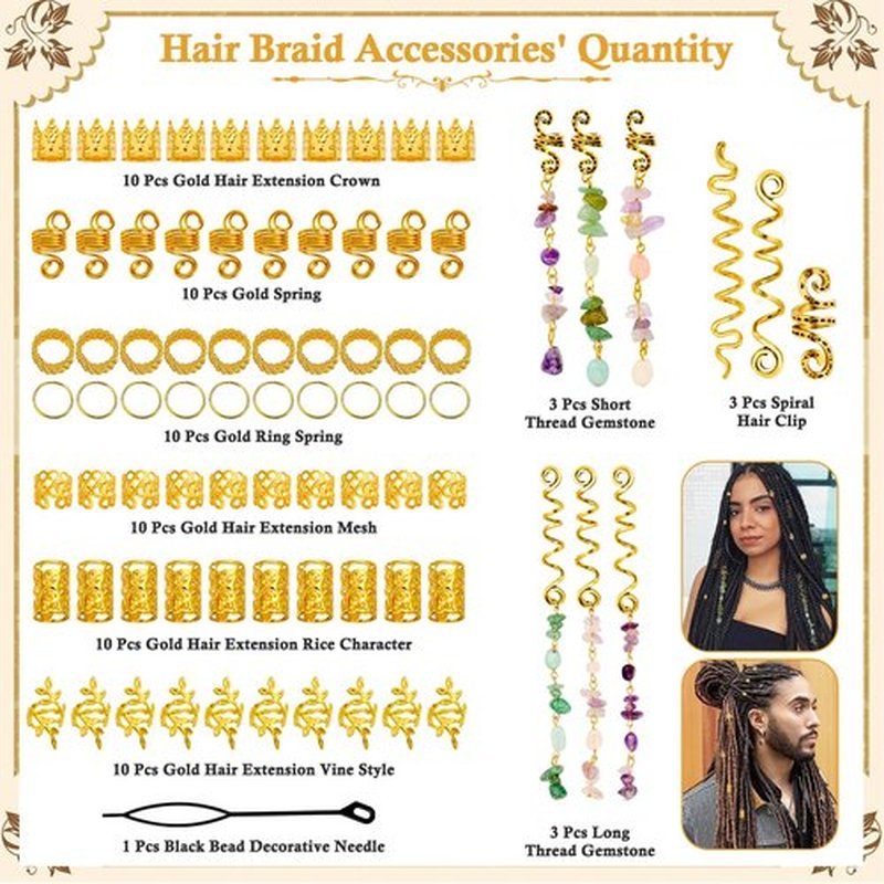 80 Pcs Natural Crystal Stone Dreadlock Accessories, Jollidecor Hair Jewelry for Braids Hair Spirals Gems Charms Adjust Gold Loc Jewelry for Hair Cuffs for Adult Women Braids Hairstyle Decoration