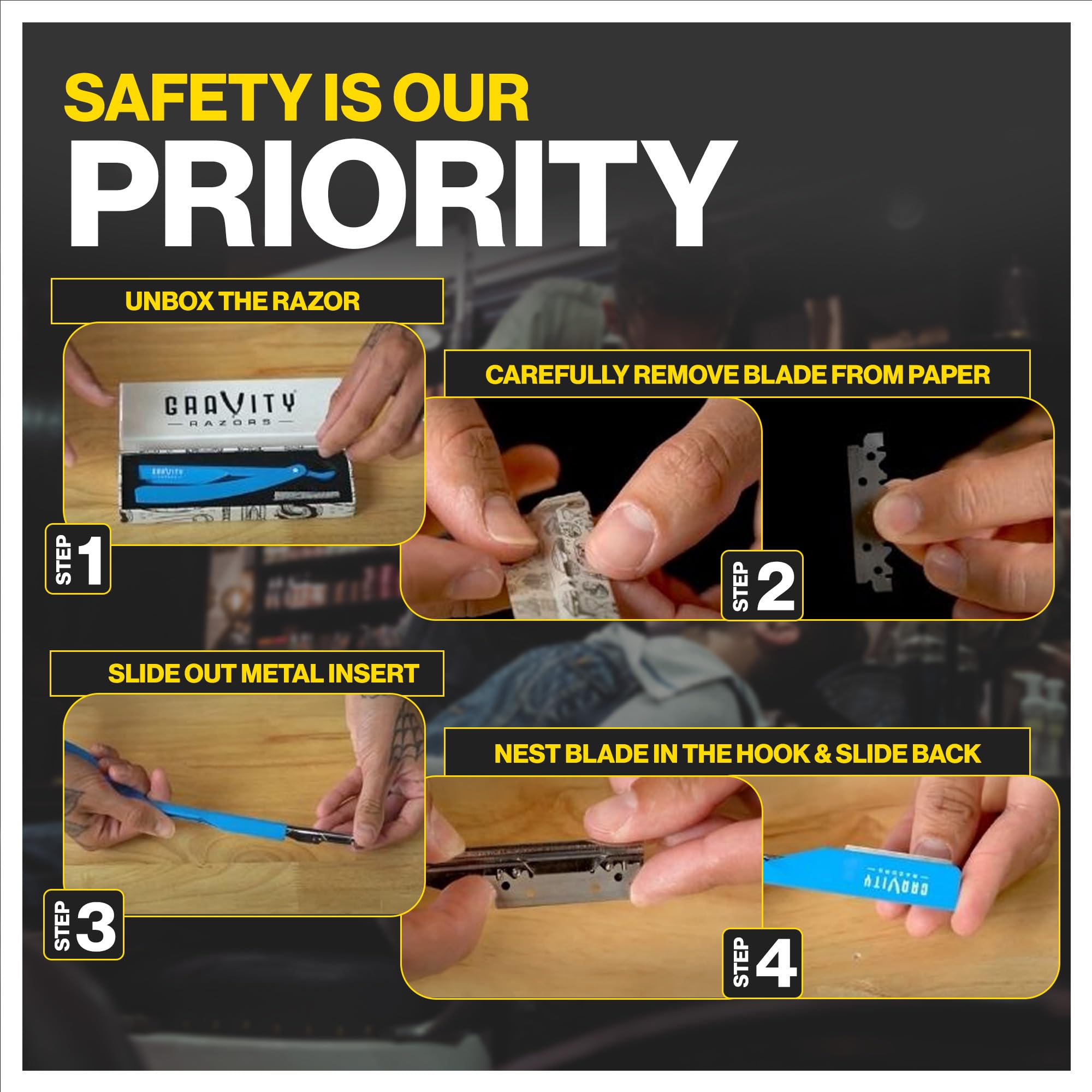 Gravity Razors Professional Straight Razor - Minimal Exposure Straight Razor Kit with 10 Derby Premium Blades (Yellow, Ultra Exposed 2mm Exposed - Yellow)