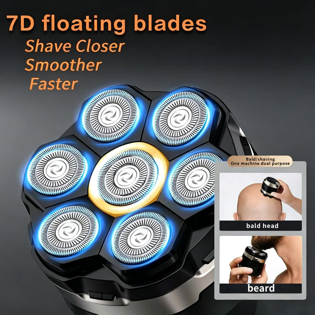 YINICARE® 7D Head Shaver for Bald Men with 2 Magnetic Replacement Floating Heads Waterproof Wet & Dry Electric Rotary Razor Close Smooth Shave, Long Battery Life, LED Display & Type-C Fast Charging