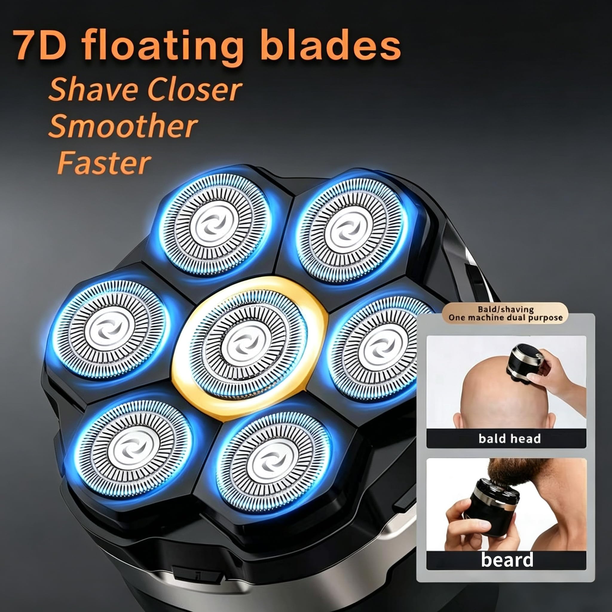 YINICARE® 7D Head Shaver for Bald Men with 2 Magnetic Replacement Floating Heads Waterproof Wet & Dry Electric Rotary Razor Close Smooth Shave, Long Battery Life, LED Display & Type-C Fast Charging
