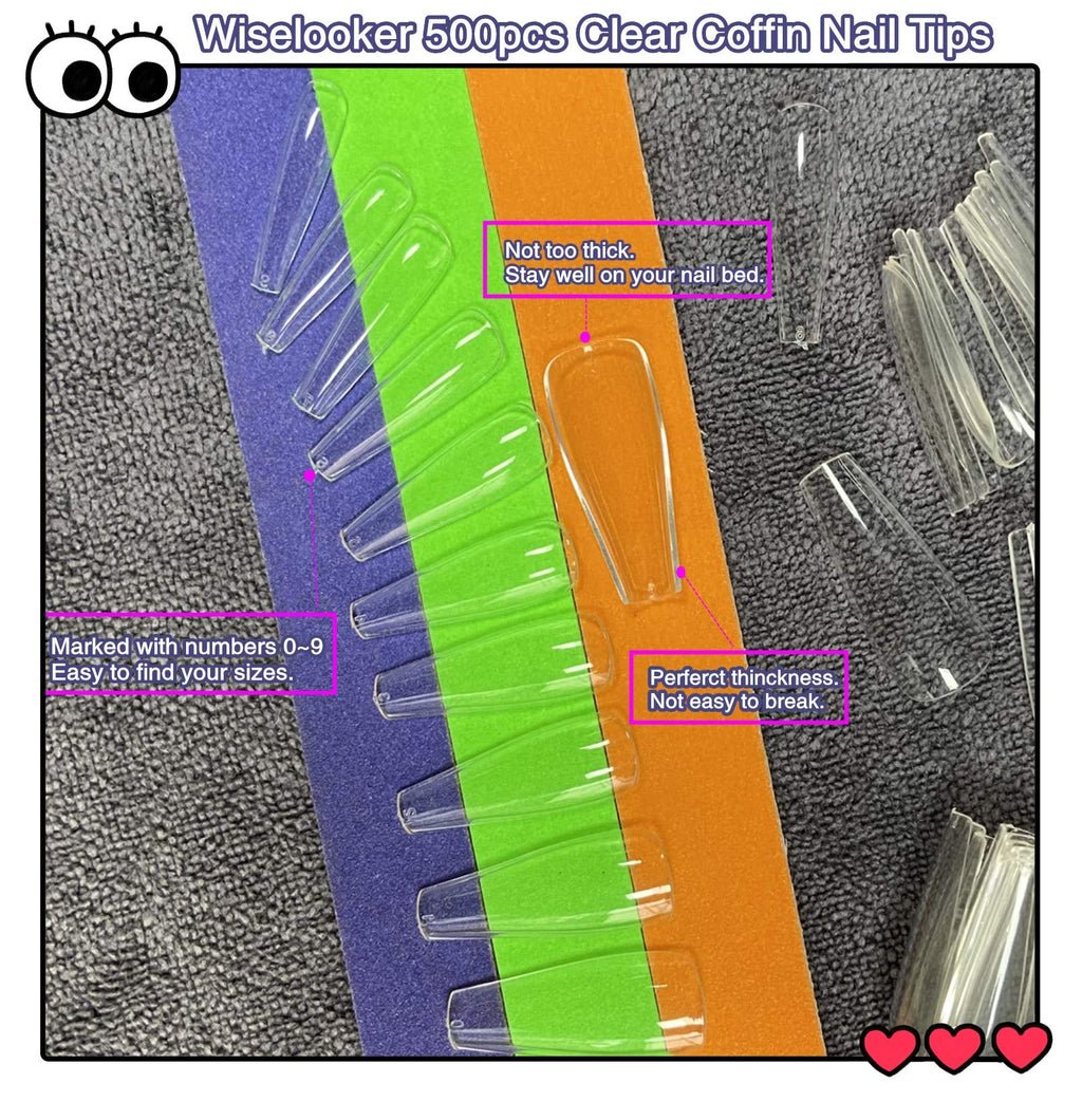 Wiselooker 500pcs Coffin False Nails Extension Tips Clear Full Cover 10 Sizes for Acrylic Nails Fake Nails Gel Nails