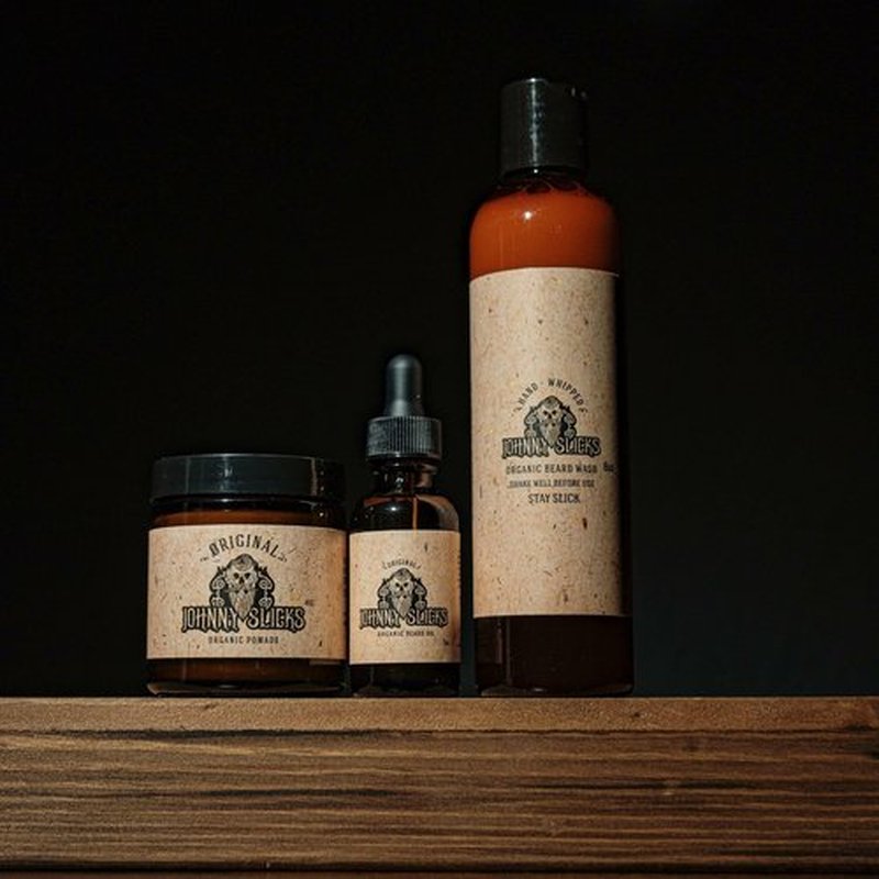 Johnny Slicks Thinning Hair Kit - Supports Hair & Scalp Health with Beard Wash, Beard Oil & Pomade - Made with Organic Ingredients - Tea Tree, Argan & Jojoba - Rugged Scent