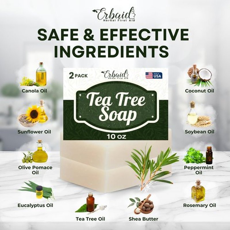 Erbaid Tea Tree Soap – Natural Defense Tea Tree Oil Soap Bar for Face & Body – Remedy Fights Acne, Skin Irritation, and Prevents Breakouts – Deeply Cleansing, Hydrating Cleanser for Calm, Fresh Skin