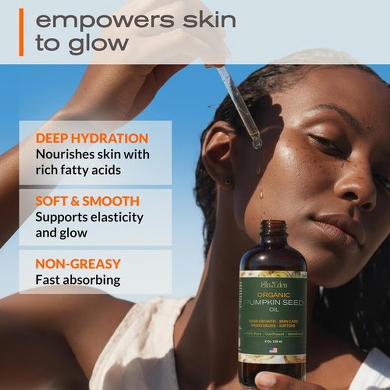 Ella & Eden Organic Pumpkin Seed Oil for Hair Growth - Cold-Pressed Hexane-Free Unrefined - 100% Pure USDA Certified - 4 Fl Oz Glass Bottle