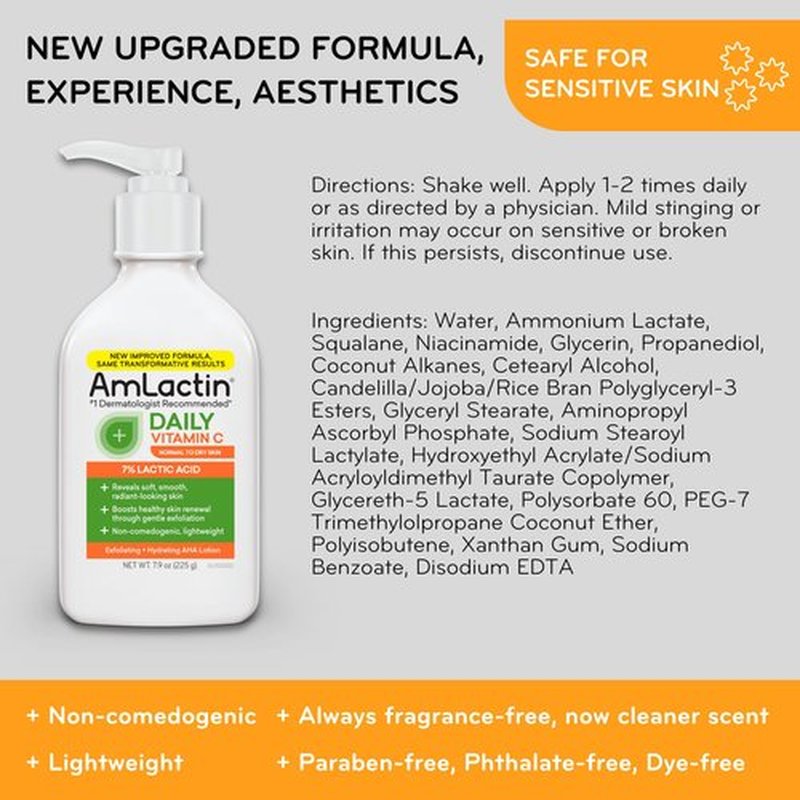 AmLactin Daily Vitamin C Lotion – Brightening Body Lotion for Dry Skin - No-Scrub Exfoliator and Moisturizer with 7% Lactic Acid AHA and Vitamin C, 7.9 oz (Packaging May Vary)