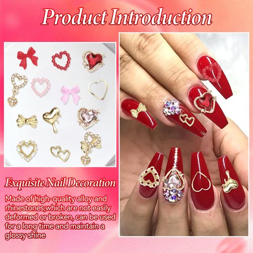 3D Gold Heart Nail Charms and Gems, Gold Bow Alloy Nail Charms Dangle, Red Heart Rhinestones Nails Bow Charms, Shiny Luxury Y2K Nail Jewelry Pearls for Nail Art Supplies