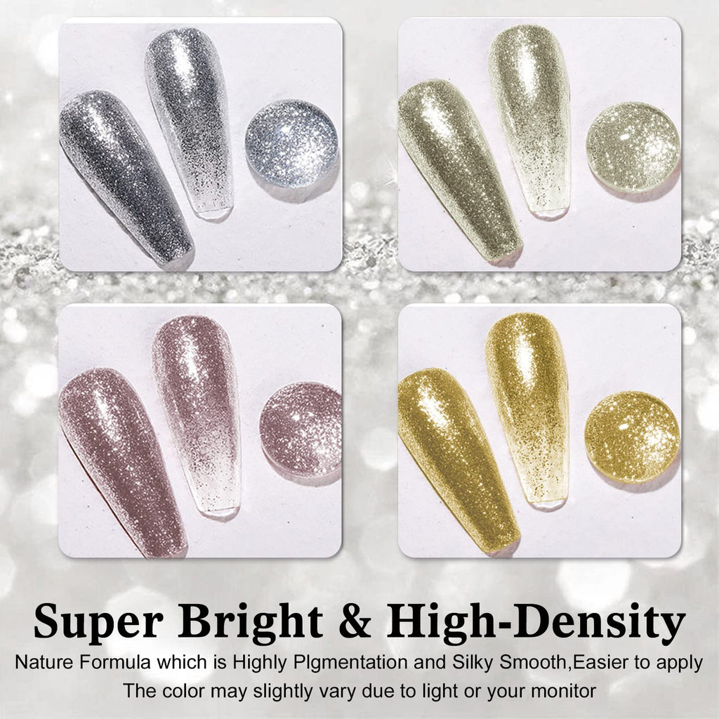 VERONNI Glitter Gel Nail Polish Chrome Platinum Glitter Gel Nail Polish Set, Sparkly Shiny Silver Gold Pink Champagne 4 Colors Nail Art Painting Drawing Home DIY Manicure Nail Salon
