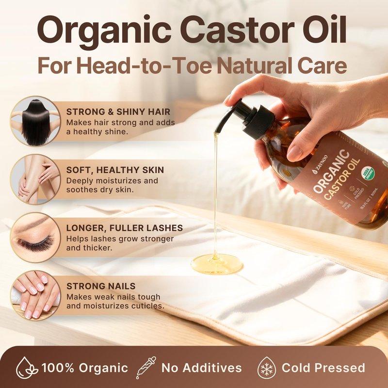 Zaynoo Castor Oil Pack Wrap Kit with 16.9oz USDA Organic Cold-Pressed, Hexane Free Castor Oil with BPA Free Pump, 2 Reusable Soft Organic Cotton Pack Wrap with Adjustable Straps for Neck & Belly