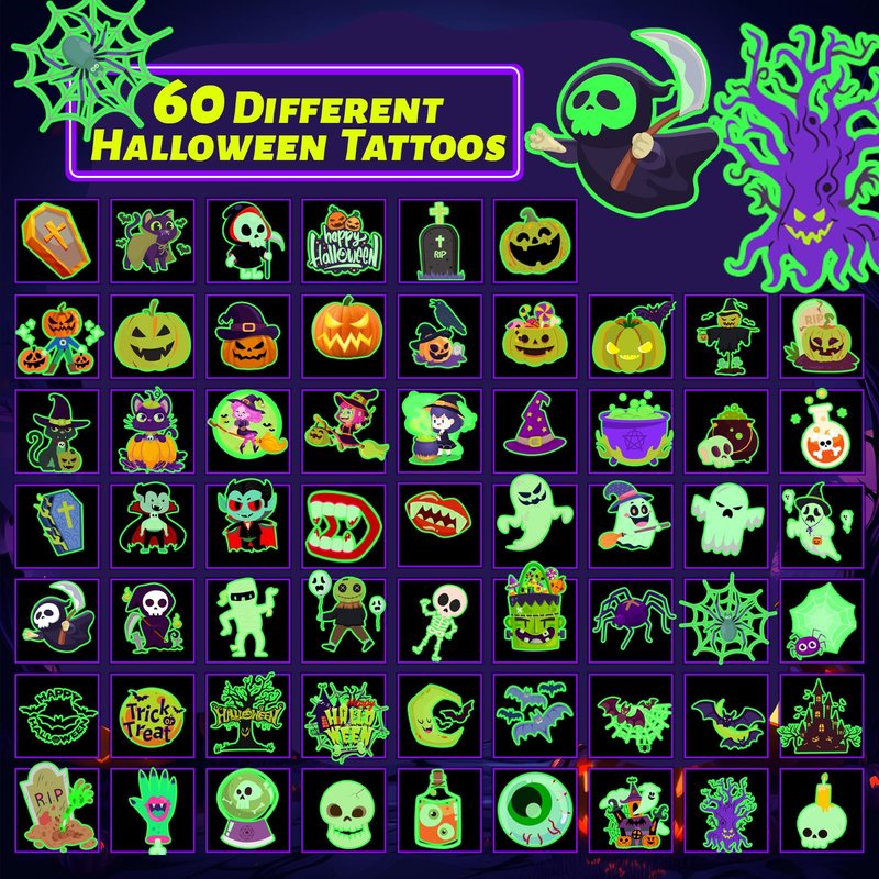 winthrop 240 Pcs Luminous Halloween Temporary Tattoos for Kids, Individually Wrapped Glow In the Dark Waterproof Safety Tattoos,Trick or Treat, Best Choice for Halloween Candy Bag, 60 Designs