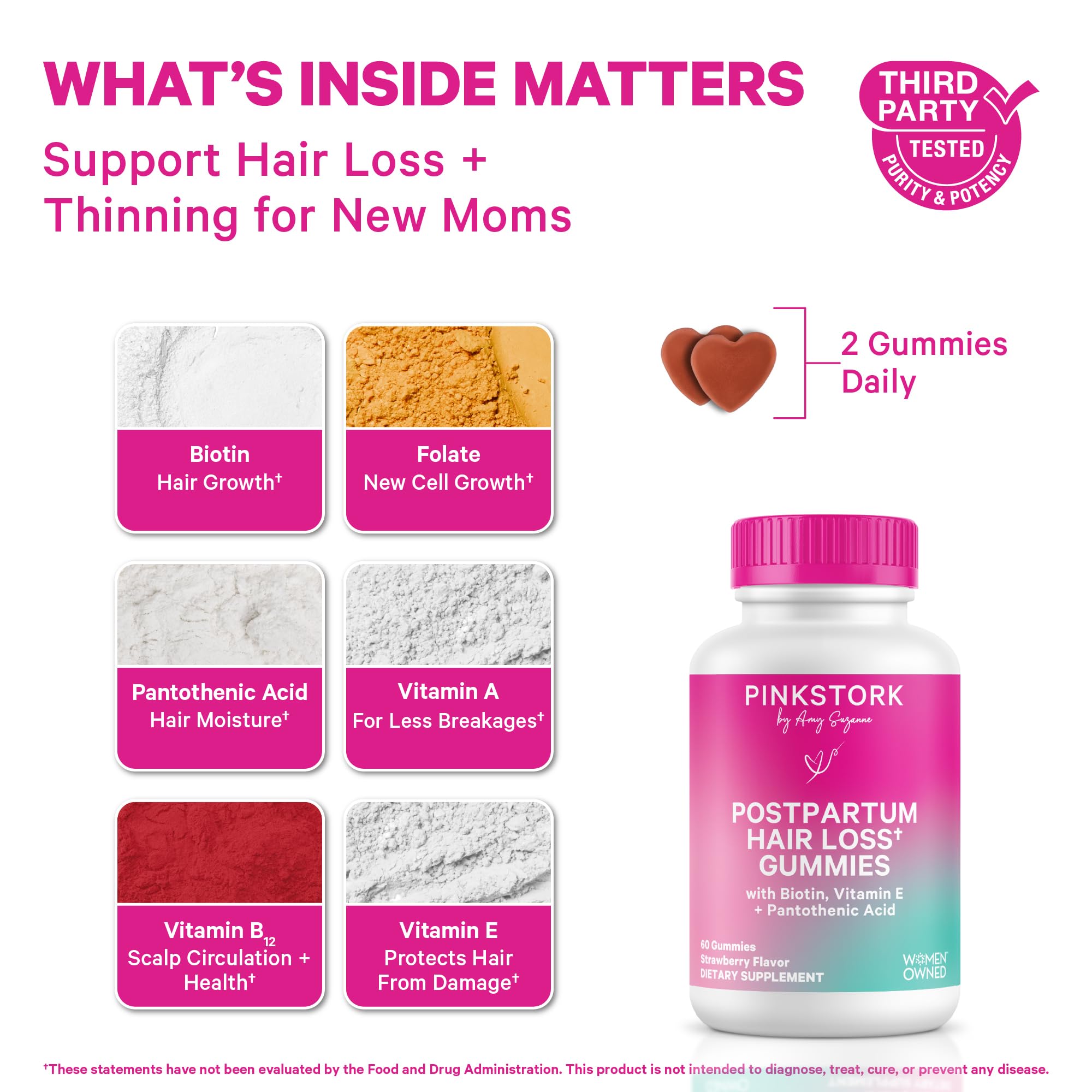 Pink Stork Postpartum Hair Loss Gummies | Biotin, Pantothenic Acid, Vitamin E, B6, B12 | Postnatal Hair Growth + Regrowth Support | Breastfeeding-Friendly | Postpartum Essentials | 60 Gummies