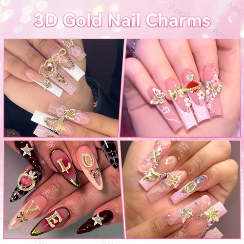 142 Pcs Gold A-Z Letter Nail Charms, Alloy Alphabet Words Nail Charm, Crown Heart Butterfly Bows Star Nail Gems Charms, Gold Flower Heart Alloy Nail Charm for Acrylic Nail Art Women DIY Accessories