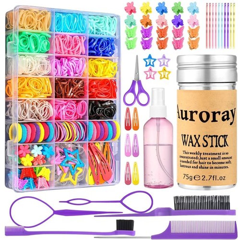auroray Hair Accessories for Girls, 1698 Pcs Hair Rubber Bands with Elastic Hair Ties Hair Clips Hair Wax Stick Spray Bottle Hair Styling Tools