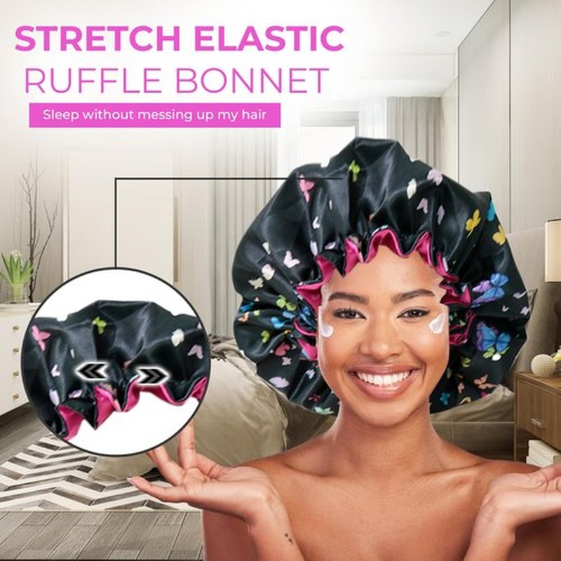 BE BEAUTIFUL EXTENSIONS Discover Premium Ruffle Silk Satin Sleeping Bonnets Hair, Moisture Retention, and All-Night Comfort. Keep Your Hair Healthy and frizz-Free Black Pink