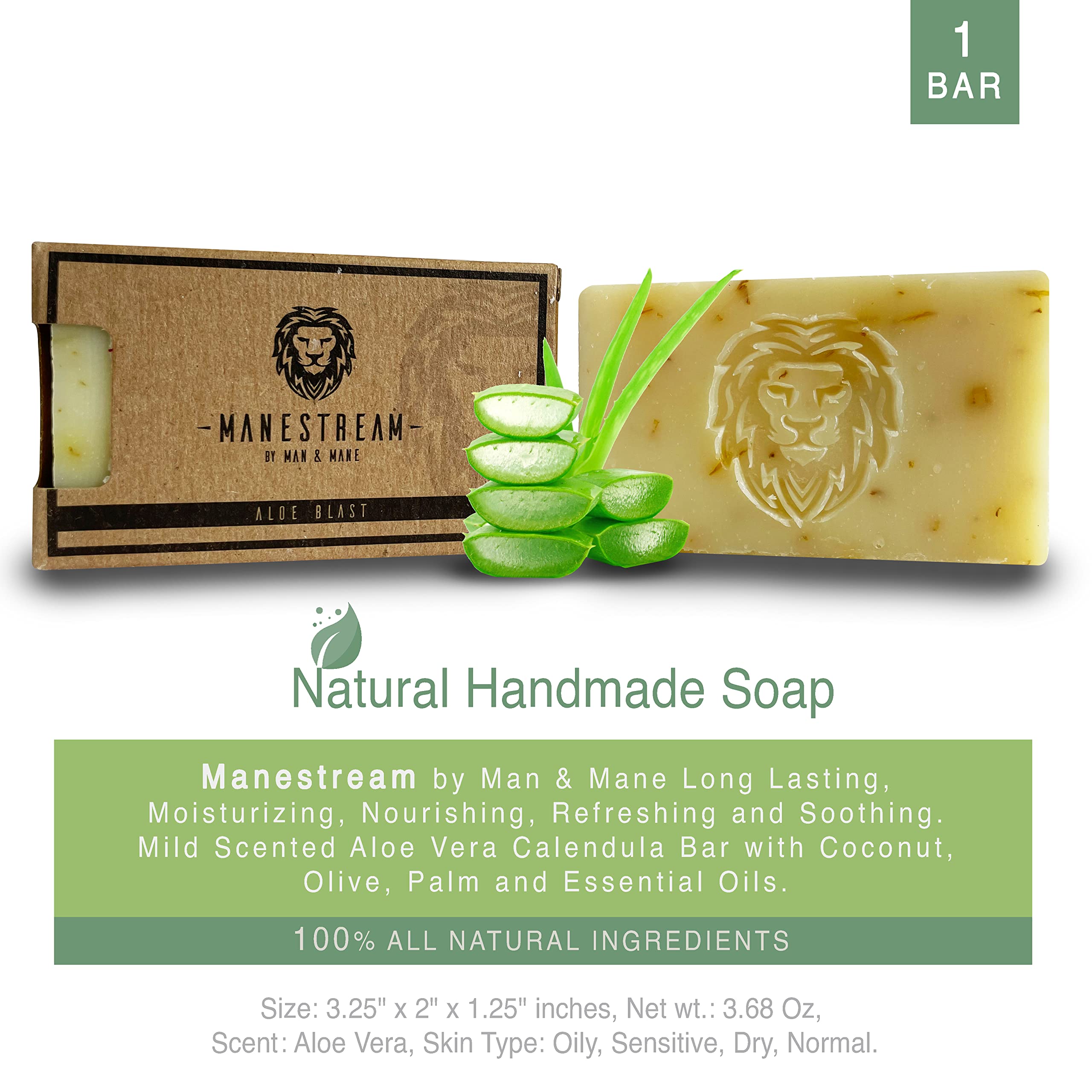 MAN & MANE Manestream Long Lasting, Mild Scented Lavender Rosemary 2-in-1 Skin and Shampoo Bar Cocoabutter, AloeVera, Natural Handmade