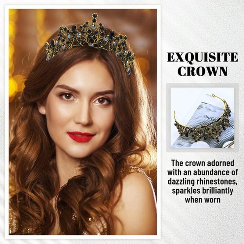 inSowni 2pcs Vintage Gothic Baroque Black Gold Crystal Rhinestone Crowns Tiaras Princess Queen Wedding Bridal Halloween Headbands Headpieces Hair Accessories with 4 Bobby Pins for Women Girls Brides