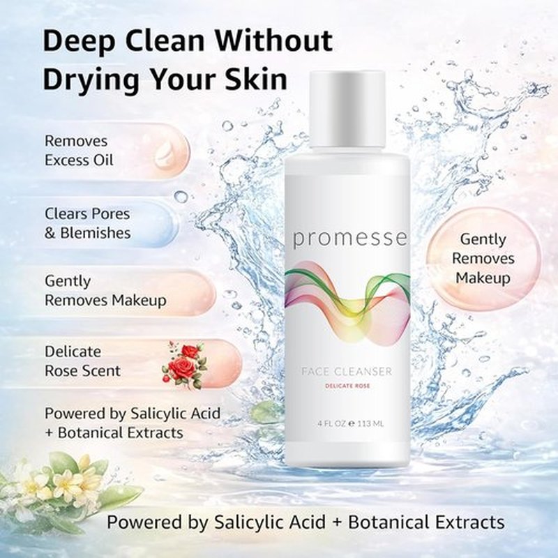 Promesse Acne Control Facial Cleanser - Glycolic & Salicylic Acid Exfoliating Wash | Hydrating Rose Scent - 4 fl oz