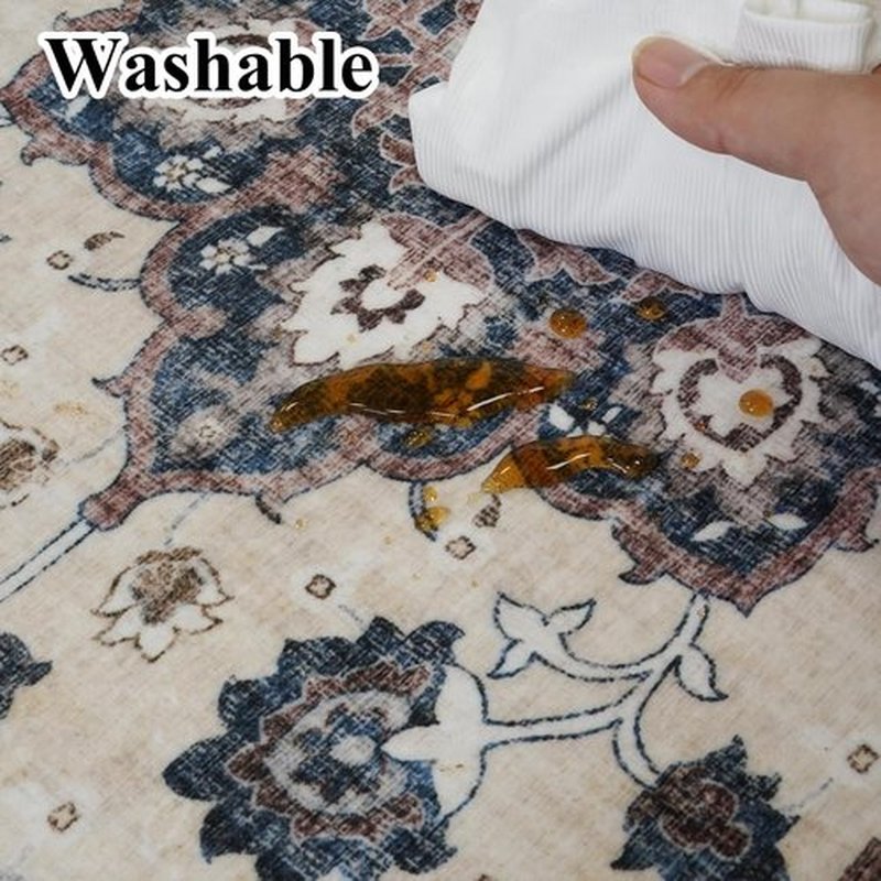 Regine Switzerland Vintage Blue Washable Runner Rug - Stain Resistant Non-Slip Accent Mat (2x6)