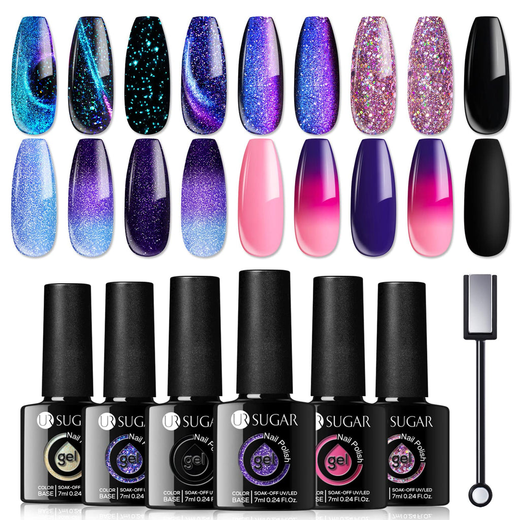UR SUGAR Glitter Gel Nail Polish Set, 6 Colors Glitter 9D Cat Magnetic Eye Black Nail Polish Color Changing Gel Polish Kit Hot Pink Purple Gold Colors Soak Off Nails Kit Manicure Gift for Women