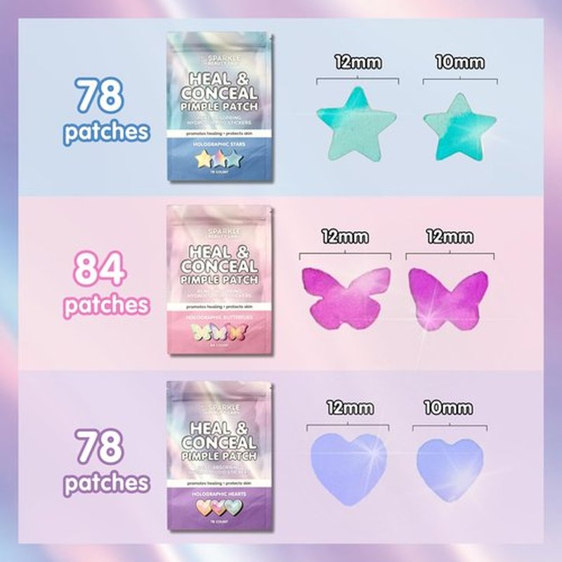 Sparkle Beauty Labs Heal & Conceal Pimple Patch - Cute Holographic Butterfly Shaped Acne Patches, Fun Hydrocolloid Zit Stickers for Face (Iridescent Pink Butterflies, 84 Count)