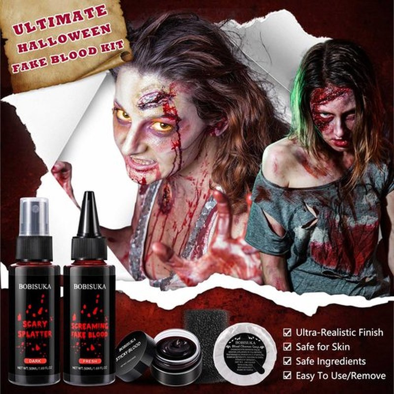 BOBISUKA 5PCS Halloween Fake Blood Kit – Dripping Fresh Blood, Dark Spray Blood, Coagulated Gel, Cleansing Soap, Stipple Sponge – Realistic Washable SFX Makeup for Zombie, Vampire Monster & Cosplay