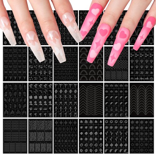 SAVILAND 24 Sheets Airbrush Stencils: Nail Stickers for Nail Art French Tip Hollow Airbrush Nails Stencils Flower Stars Butterfly Air Brush for Nails Supplies DIY Tool (170 Designs)