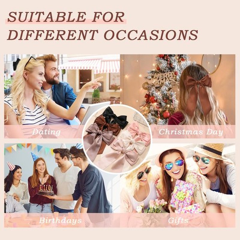 6PCS Silky Satin Bows, Cute Clips for Women, Large Bow Clips for Thick Thin Hair, Ribbon Bows, Brown Accessories