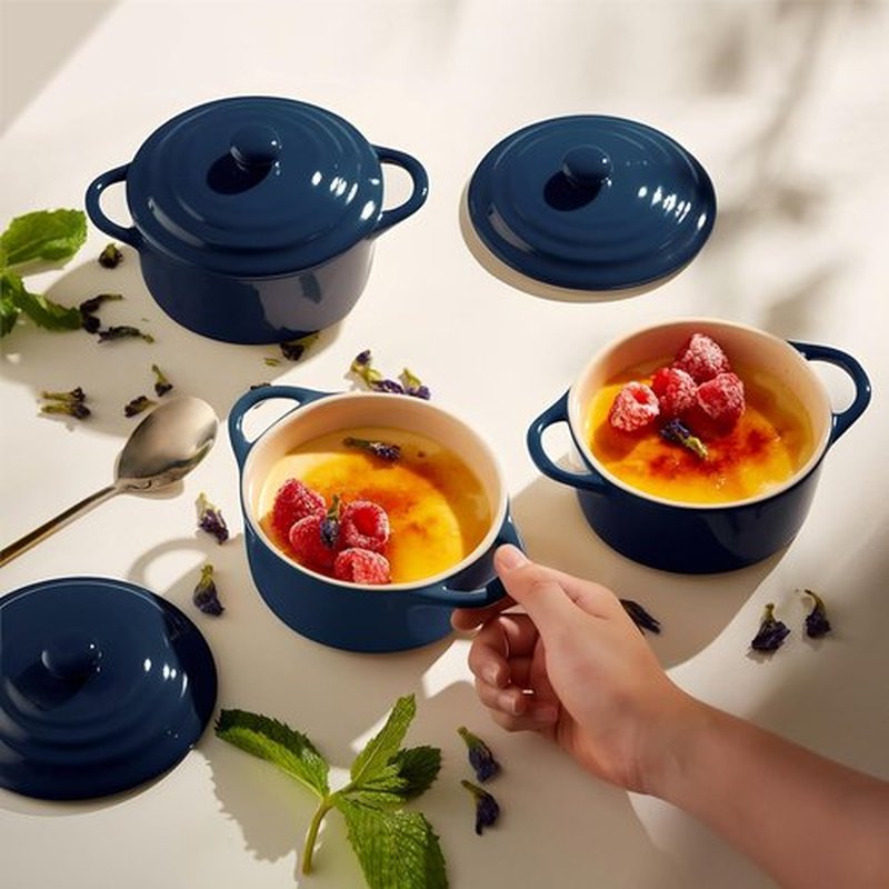Kook Mini Cocotte Set - 12 oz Individual Baking Ramekins with Lids | Oven Safe, Microwave & Dishwasher Safe, Navy - Set of 4