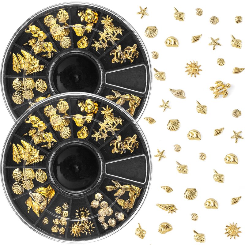 Winsyison 2 Disc Ocean Nail Art Charms, 3D Metal Nails Stickers, Beach Starfish Seashell Decals Manicure DIY Embellishments for Women- Gold