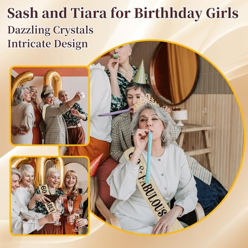 Chanaco 60th Birthday Decorations for Women, 60 & Fabulous Sash and Crown, Gold 60 Year Old Gifts, Happy Birthday Tiara for Party Decor