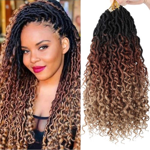 8 Packs Goddess Locs Crochet Hair 14 Inch, Boho Style Locs Pre Looped with Curly Ends, Faux Locs Crochet Hair for Black Women 1B/30/27