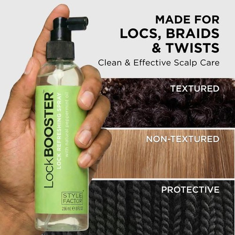 Style Factor LockBOOSTER Lock Refreshing Spray – Hydrating & Cooling Mist for Braids, Locs & Twists – Alcohol-Free Formula with Peppermint –Refresh Hair & Scalp 8 oz
