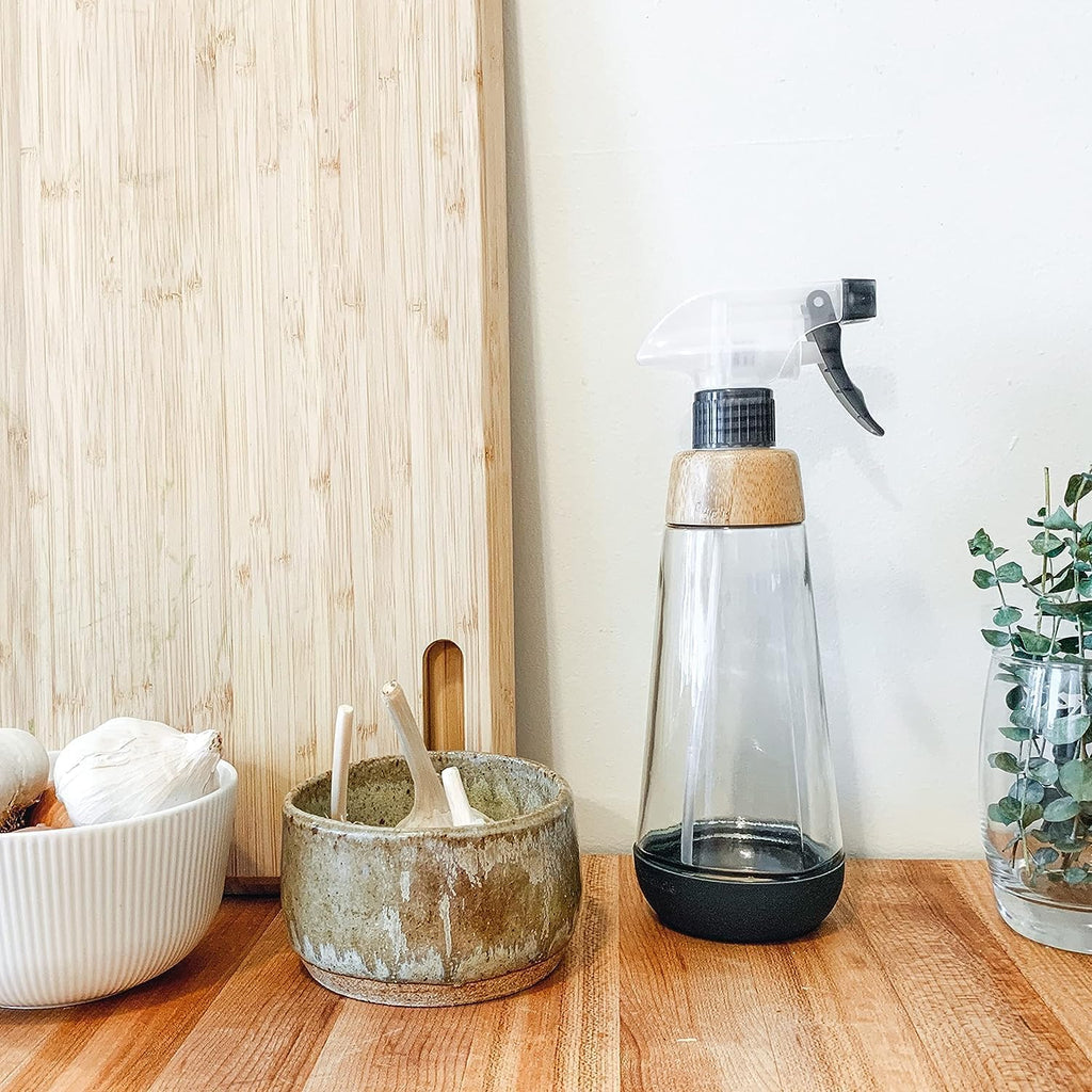 Full Circle Refill-Ready Glass Spray Bottle - Refillable Glass Spray Bottle for Cleaning - Versatile Stream & Mist Options, Bamboo, Silicone Boot-Ideal for Non-Toxic Solutions & Plant Care, 16oz, Gray