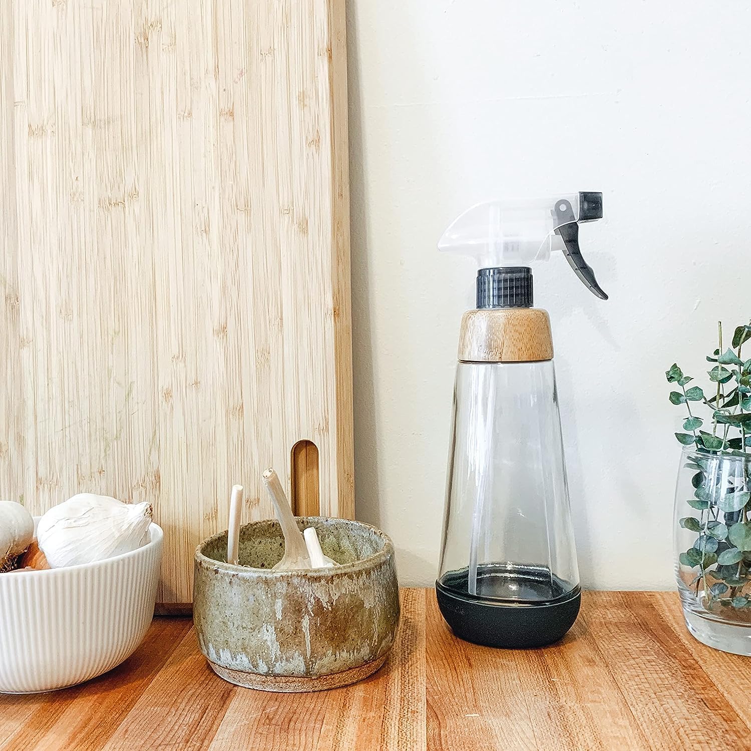 Full Circle Refill-Ready Glass Spray Bottle - Refillable Glass Spray Bottle for Cleaning - Versatile Stream & Mist Options, Bamboo, Silicone Boot-Ideal for Non-Toxic Solutions & Plant Care, 16oz, Gray