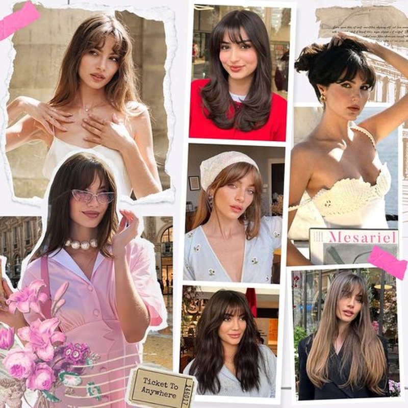 Mesariel Clip in Bangs Real Human Hair Fake Clip on Bangs for Women Dark Brown Air Wispy Fringe with Temples Curved Hairpieces for Daily Wear