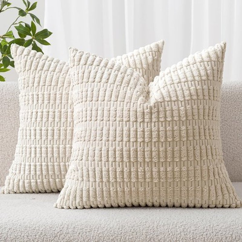 MIULEE Corduroy Throw Pillow Covers - Soft Boho Striped Design | 12x12 Inch Cream White for Modern Home Decor