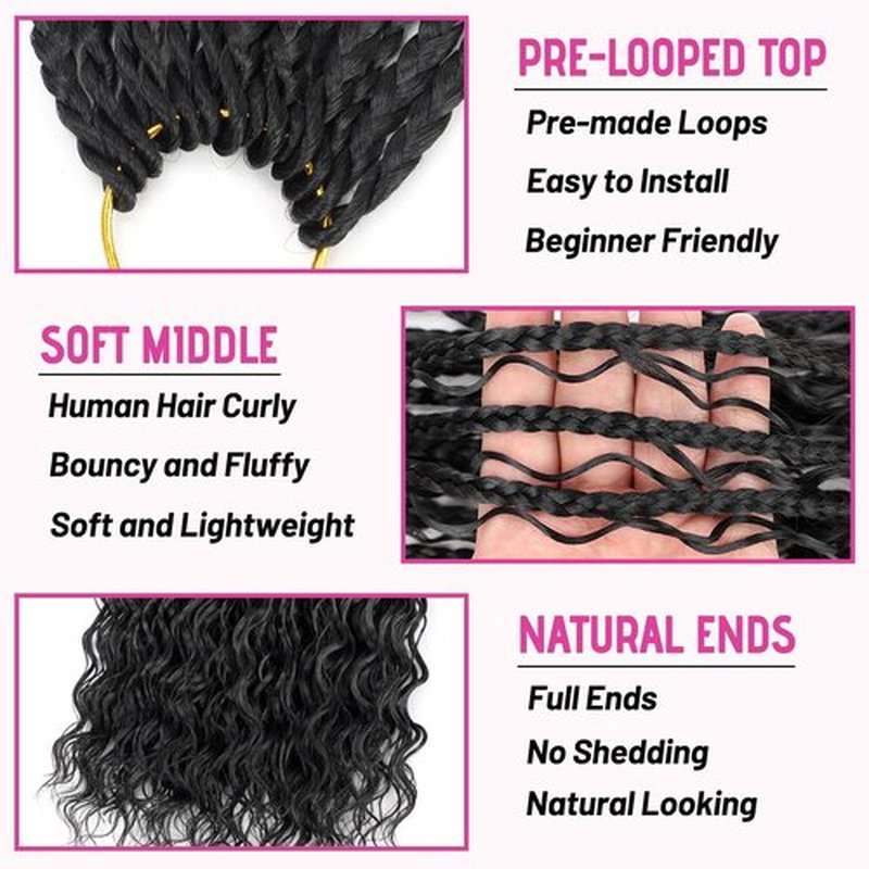 Boho Crochet Braids Human Hair Mixed Synthetic 14Inch 9 Packs Goddess Braids Pre looped Bohemian Braid Crochet Hair for Black Women (14Inch,1B)
