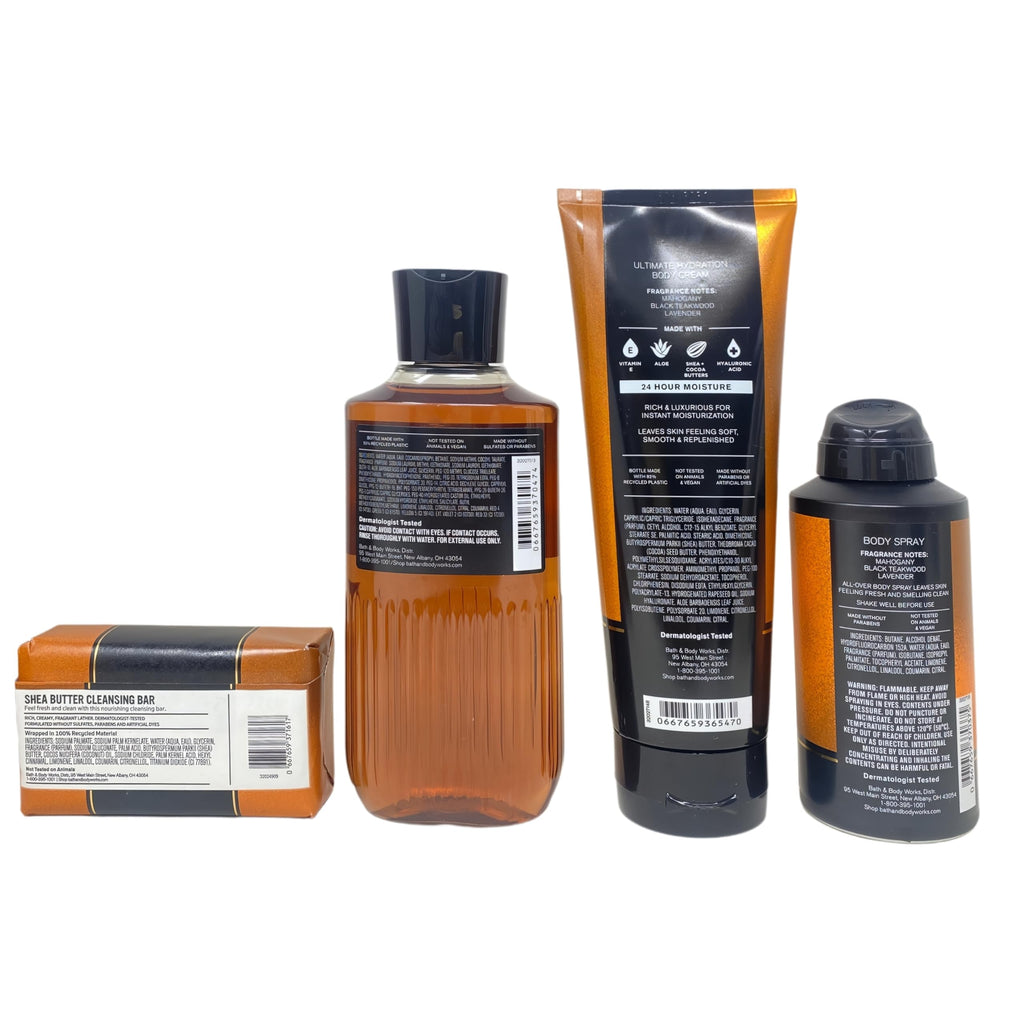 Bath & Body Works Men's Collection Mahogany Teakwood Gift - Body Cream - 3-in-1 Hair, Face & Body Wash - Body Spray and Cleansing Bar - with a Cabin Spice Bar Soap