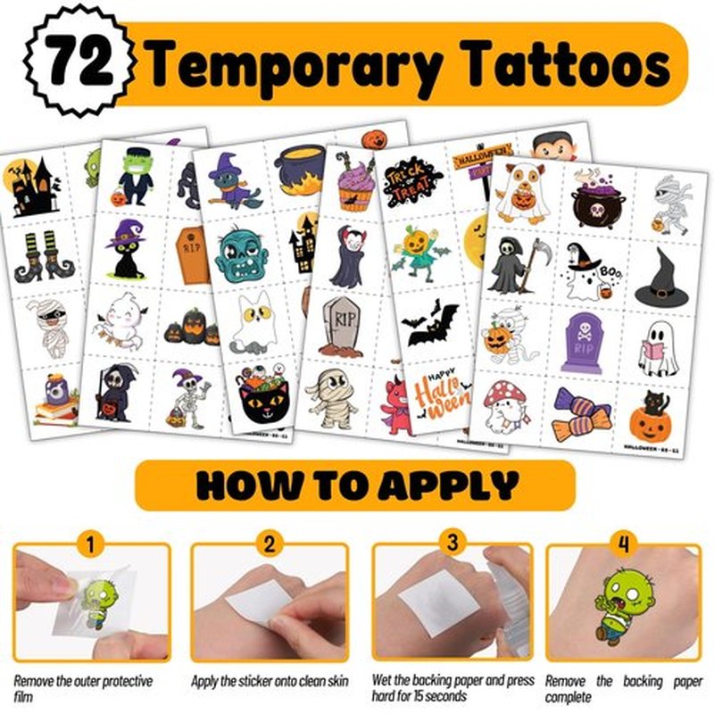 144PCS Halloween - 72 Temporary Pre-Cut Tattoos & 72 Slap Bracelets Halloween-Themed Birthday Supplies, Baby Shower Gifts, Classroom Rewards & Party Decor for Kids (Boys & Girls)