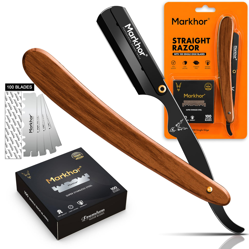 Markhor® Straight Razors for Men with 100 Single Edge Razor Blades | Rose Wood Matte Black Barber Straight Razor | Straight Edge Razor | Barber Razor Blade | Navajas Para Barbero